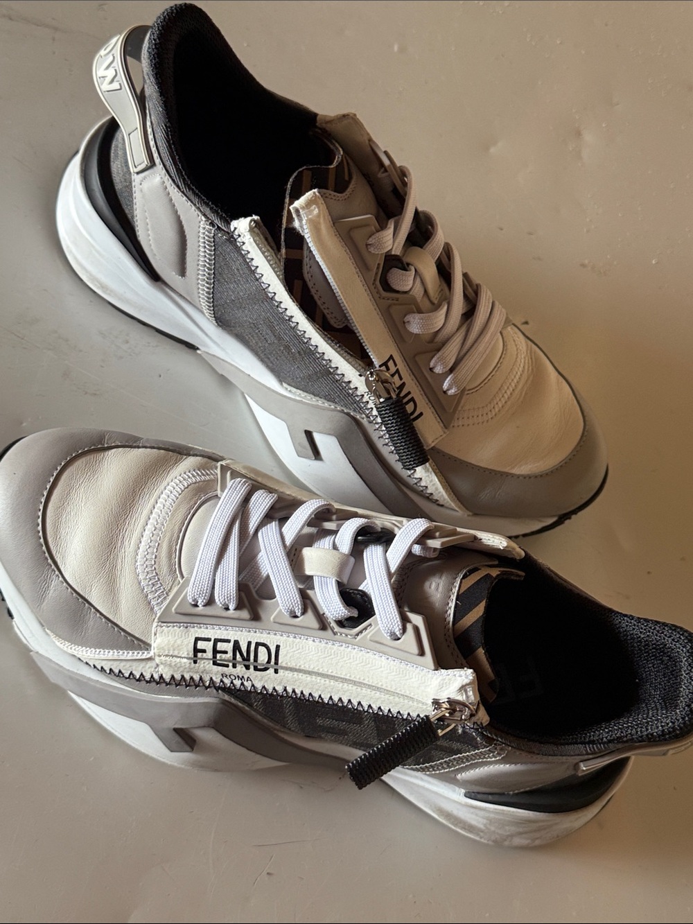 Fendi White, Gray & Black Leather Zip-Detail Sneakers